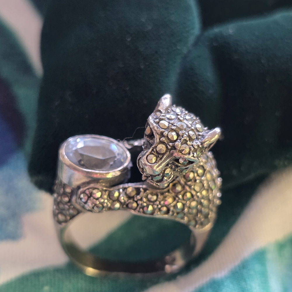 Vintage SS Marcasite Panther and Light BlueTopaz Ring.